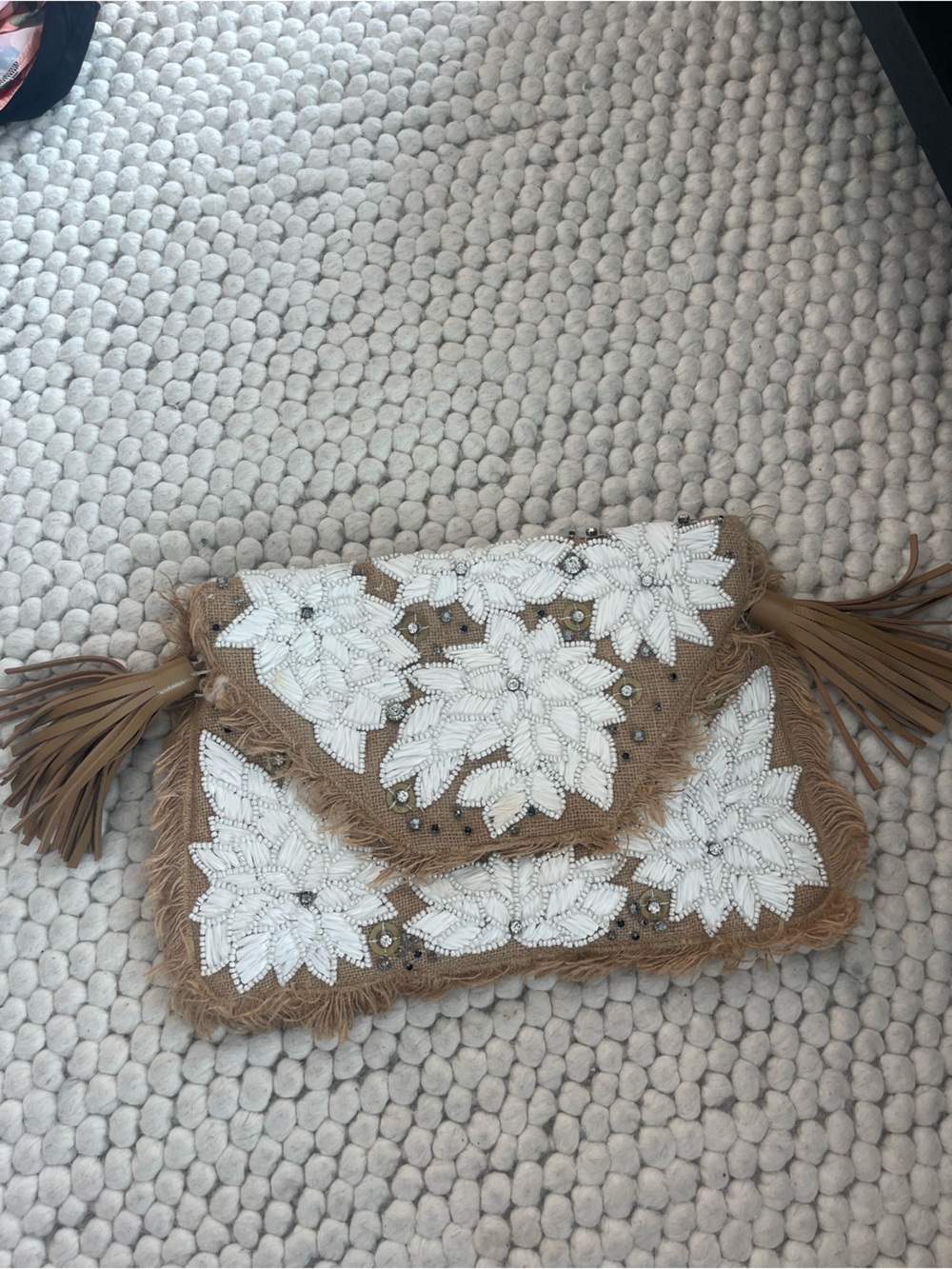 Anthropologie ibBan Straw Woven Burlap Floral Beaded Bag